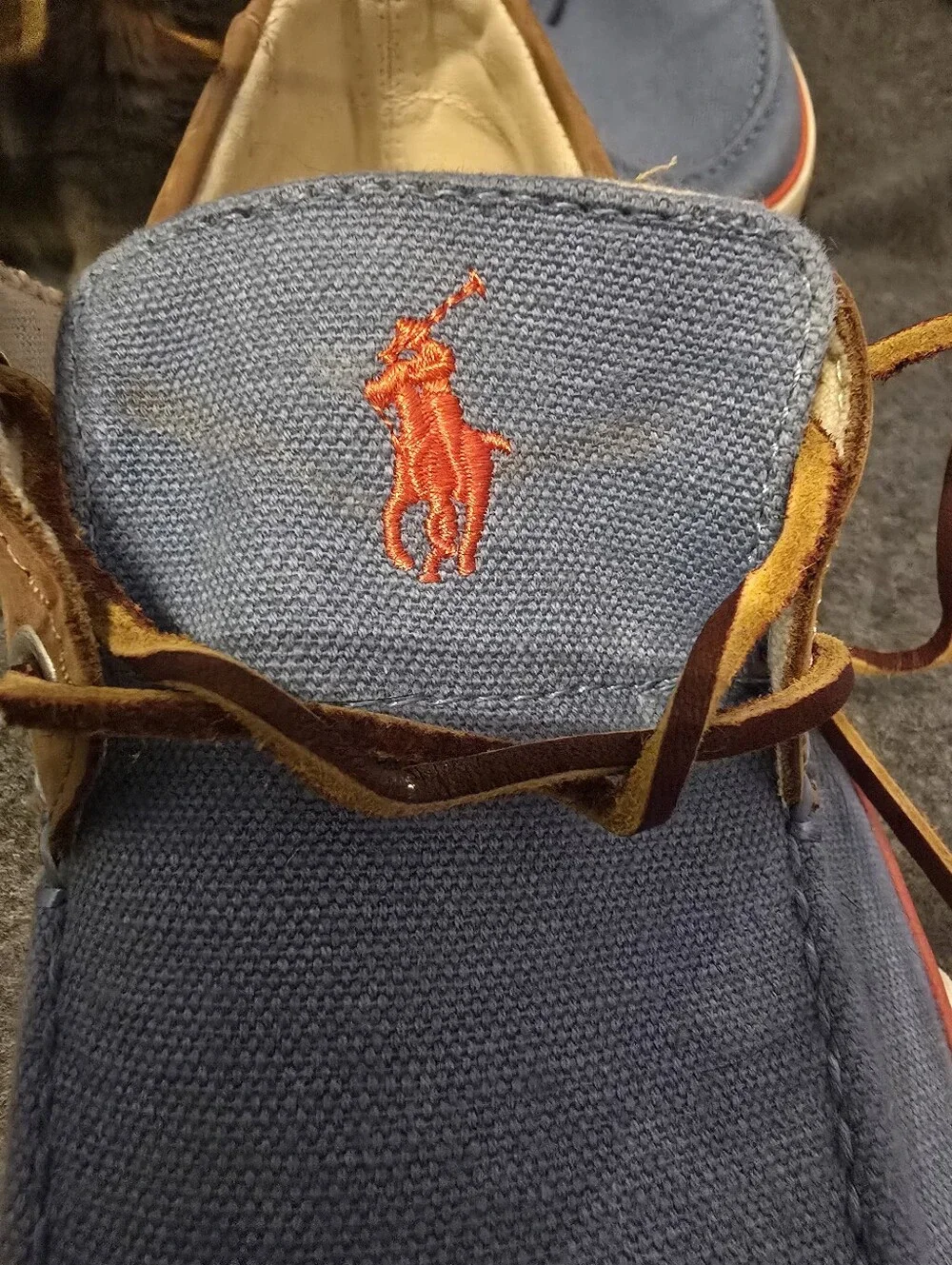 Polo by Ralph Lauren Blue Canvas and Brown Leather Trim Boat Shoes Size 10